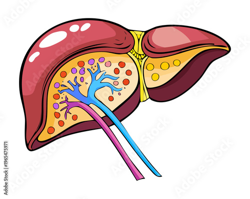 Anatomical illustration of the human liver with colorful regions for medical science education and digestive health professional training and clinical research