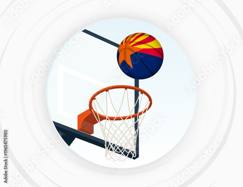 Arizona Flag Themed Basketball in Motion, Scoring Moment in Basketball Game.