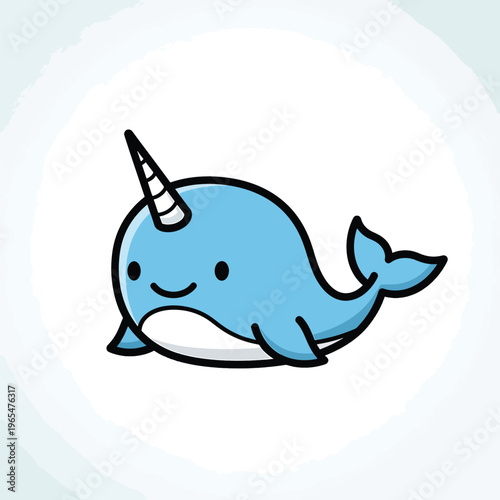 Cute illustration of a whimsical sea creature, light blue with a single horn and a smile, on a white background