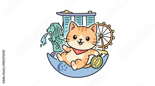 Cute Cat Enjoying Singapore Landmarks