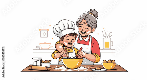 Joyful grandmother and grandson baking cookies together in kitchen