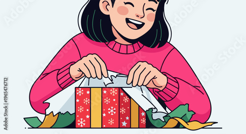 Joyful girl unwrapping a colorful, snowflake-decorated gift box with excitement
