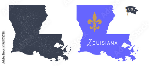 Louisiana state map USA alligator logo, souvenir badge. Traditional Louisiana USA state map branding, regional identity. Quality map USA state Louisiana sign. Vector Illustration