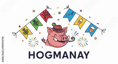 Joyful pig with Scottish flair celebrates New Year's Eve with festive decorations