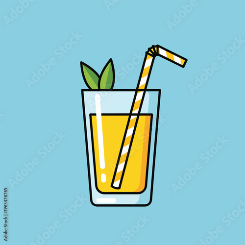 An illustration depicting a tall glass with yellow liquid, a striped straw, and two green leaves. It is on a blue background
