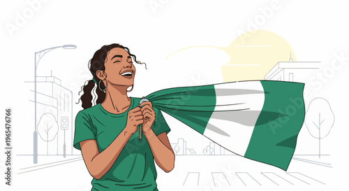 Joyful woman waving the Nigerian flag against a city backdrop
