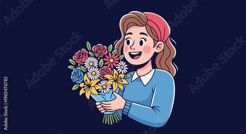 Joyful woman holds a vibrant bouquet of assorted flowers against a dark backdrop