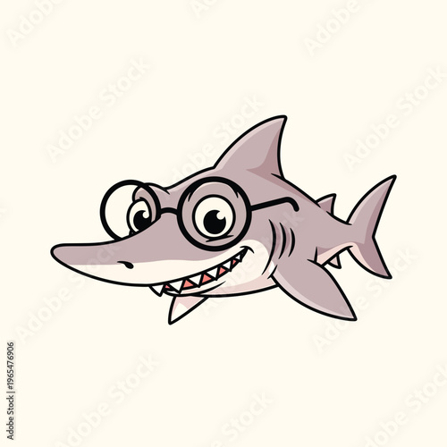 Cartoon shark illustration wearing glasses, grinning widely, and depicted in profile. This charming image has a cute aesthetic and a neutral background