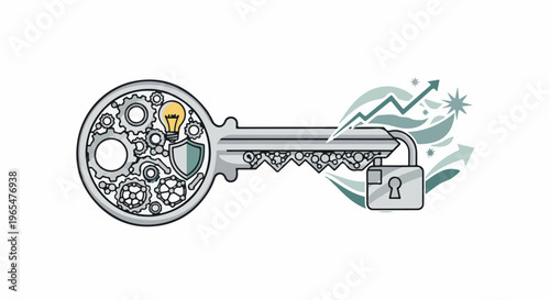Key with gears, lightbulb, shield, and upward trending lock