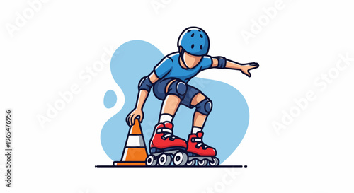 Kid in protective gear rollerblading near an orange traffic cone