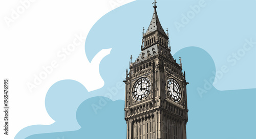 Iconic clock tower against a stylized cloudy sky