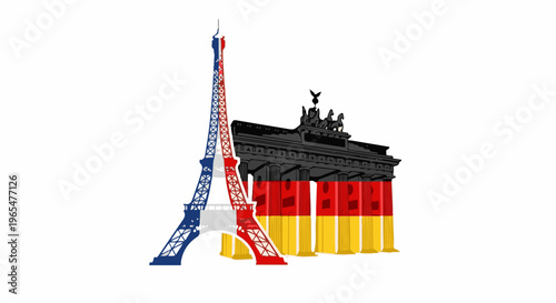 Iconic landmarks, Eiffel Tower and Brandenburg Gate, merged with national flags