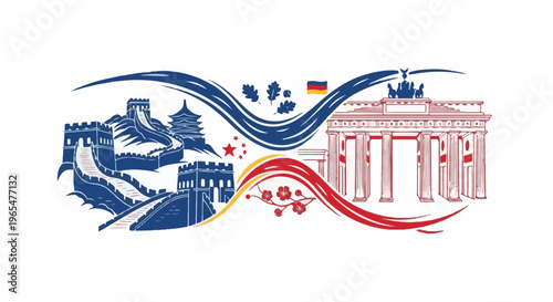 Iconic landmarks from different cultures united by flowing abstract lines and national flags