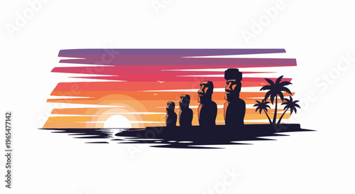 Iconic monoliths stand silhouetted against a vibrant sunset over a tropical ocean