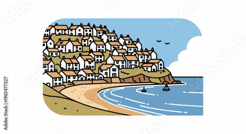 Idyllic coastal village with white houses nestled on a hill above a sandy beach