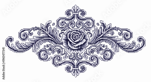 Intricate pixel art floral ornament featuring a central rose and swirling filigree