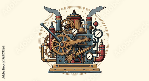 Intricate steampunk machine with gears, pipes, gauges, and smoke