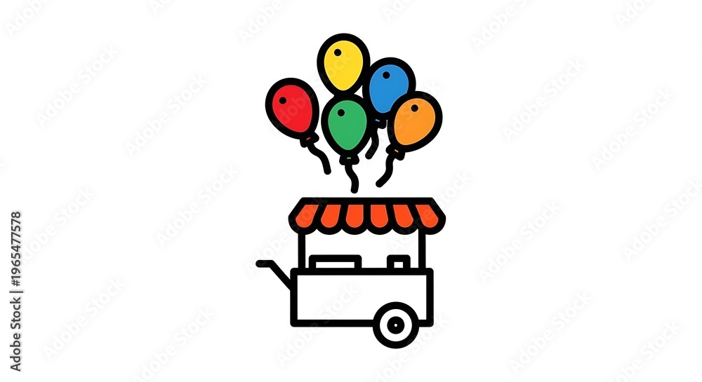 Fototapeta premium A simple, cartoon illustration of a mobile vendor cart with colorful balloons floating upwards. The cart has a red and orange awning