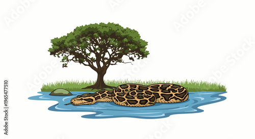 Large coiled snake near a tree and a rock in blue water