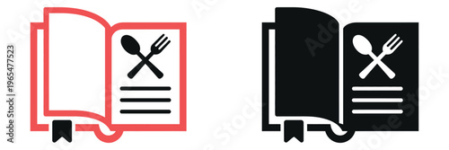 Menu, cookbook vector icon collection with recipe book, crossed spoon and fork symbols, representing cooking education, recipes, and food preparation, clean modern flat design