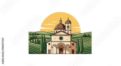 Idyllic rural church nestled amidst rolling green hills under a warm sunset