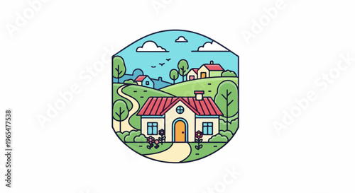 Idyllic rural landscape with a quaint house and rolling green hills under a blue sky