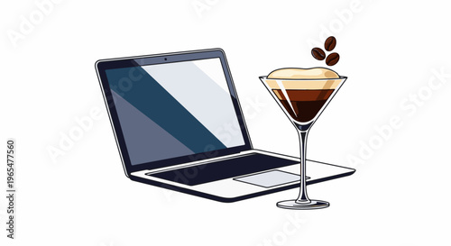 Laptop with espresso martini and coffee beans