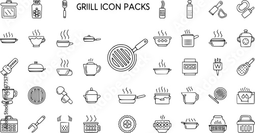 Grill and Cooking Kitchen Utensils Line Icons Pack - Hot Food and Drink Outline Vector Set for Web and App Design