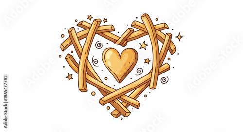 Golden heart made of fries, surrounded by tiny stars and swirls