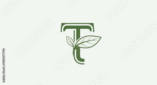 Green letter T with sprouting leaves, representing organic growth