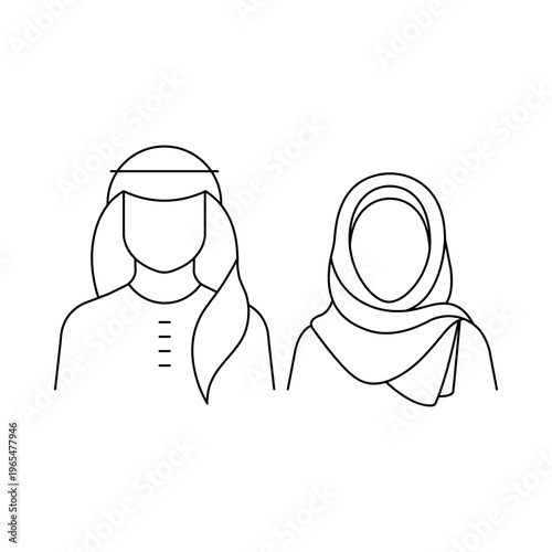 Saudi Arab Couple Line Icon with Traditional Shemagh and Abaya with editable stroke.