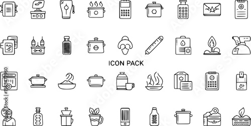 Detailed Outline Icon Pack: Kitchen, Cooking, Food, and Home Appliances. Line Art Vector Icons for Web, Mobile UI, and Graphic Design Projects.