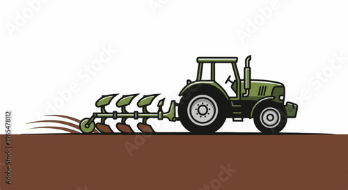Green tractor with a multi-furrow plow, tilling brown soil