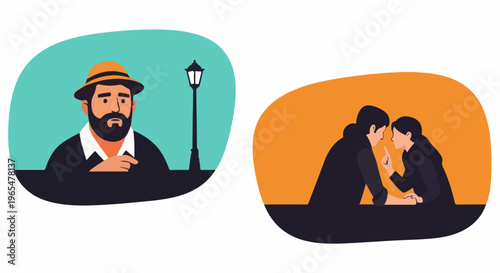 Illustrated man in hat with lamp post, two people whispering