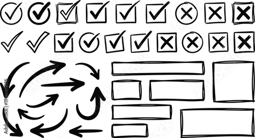 Hand Drawn Doodle Vector Illustration Set Featuring Sketchy Check Marks Cross Icons Arrows and Blank Rectangular Frames for Infographic Design Elements and Checklist Layouts