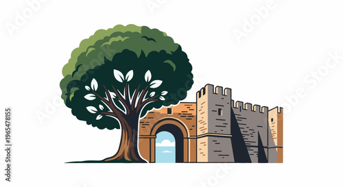 Green tree stands beside an ancient fortified gateway structure