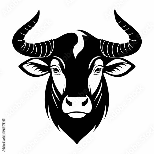 Majestic black bull vector illustration with curved horns and intense gaze design