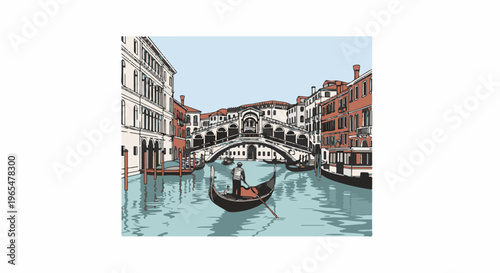 Gondola glides on serene canal beneath ornate bridge, flanked by historic buildings