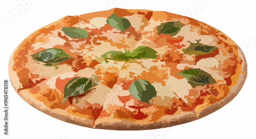 Cheesy basil pizza with crispy crust isolated on white background