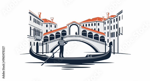 Gondola on canal beneath arched bridge and Italian buildings