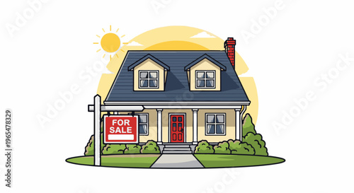 Illustrated yellow house with blue roof and red door, for sale