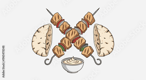 Grilled meat skewers with flatbread and dip, appetizing presentation