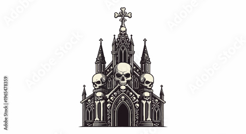 Gothic cathedral facade adorned with skulls and crossbones