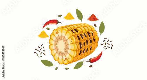Grilled corn on cob with spices, chili, and leaves