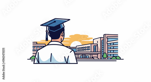 Graduate in cap and gown looking at university buildings at sunset