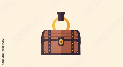 Flat illustration of a wooden treasure chest with a golden ring on top