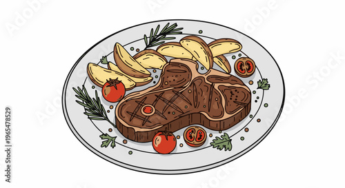 Grilled steak with potato wedges, tomatoes, and rosemary sprigs