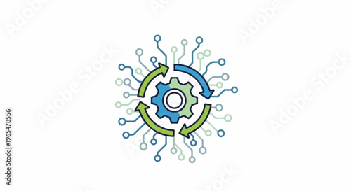 Gear with arrows and circuits symbolizing process, flow, and data