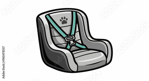 Grey child safety seat with aqua harness and paw print icon