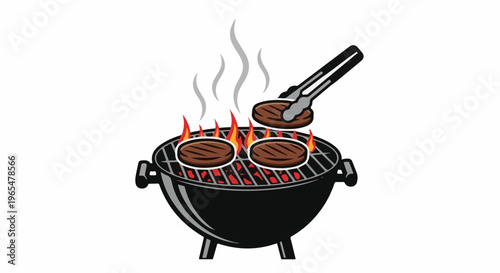 Grilling burgers on a charcoal barbecue with tongs